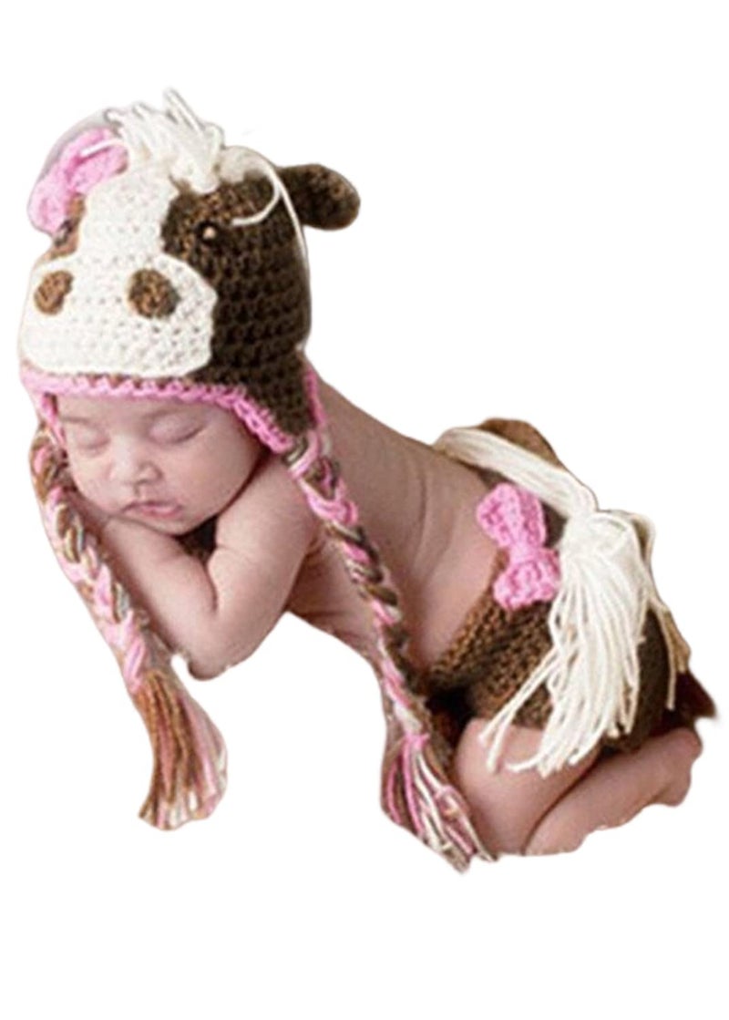 Vedory Fashion Newborn Baby Photography Props Boy Girls Photo Shoot Props Outfits Crochet Knitted Costume Unisex Cute Infant Hat Pants Set (horse) - Image 1